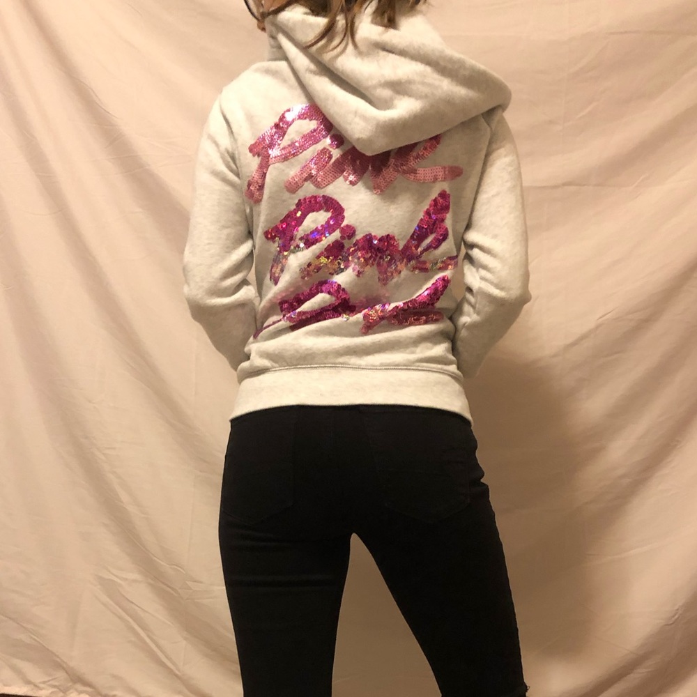 Grey sequin zip up PINK hoodie